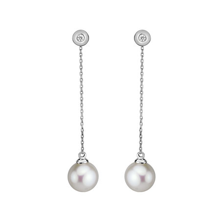 Náušnice s diamantem a bílou sladkovodní perlou Pearl Fall