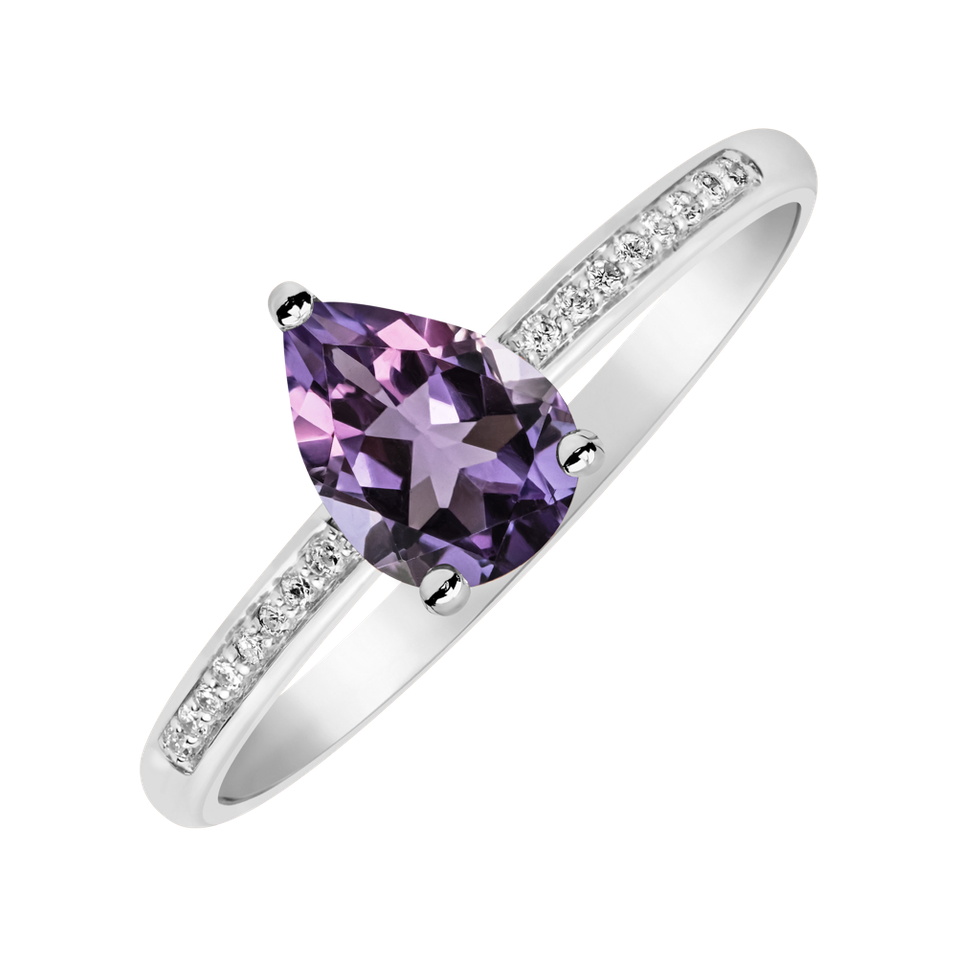 Prsten s diamanty a ametystem Teardrop